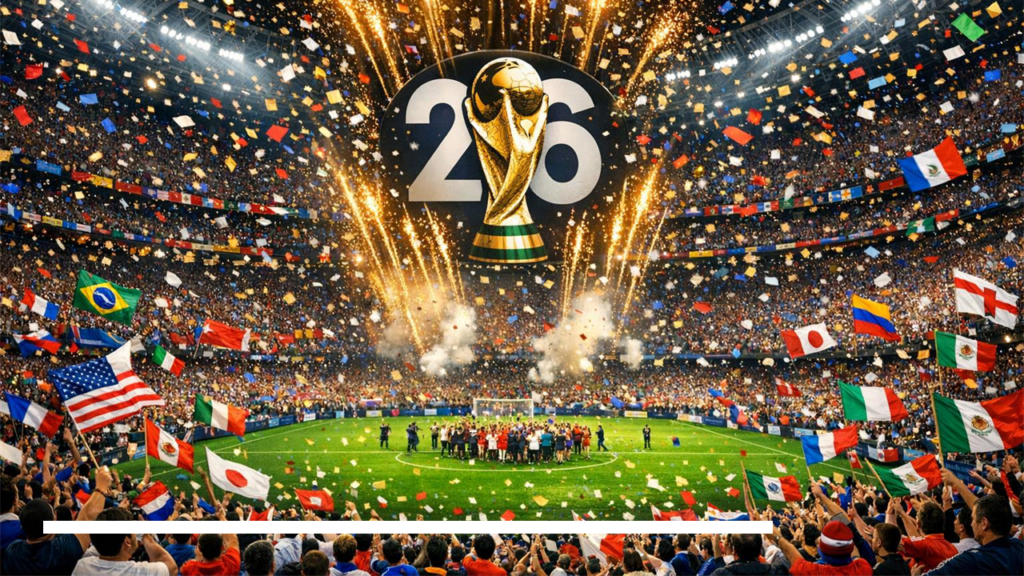 Soccer stadium crowd celebrates around the 2006 World Cup trophy as confetti falls.