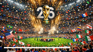 Soccer stadium crowd celebrates around the 2006 World Cup trophy as confetti falls.